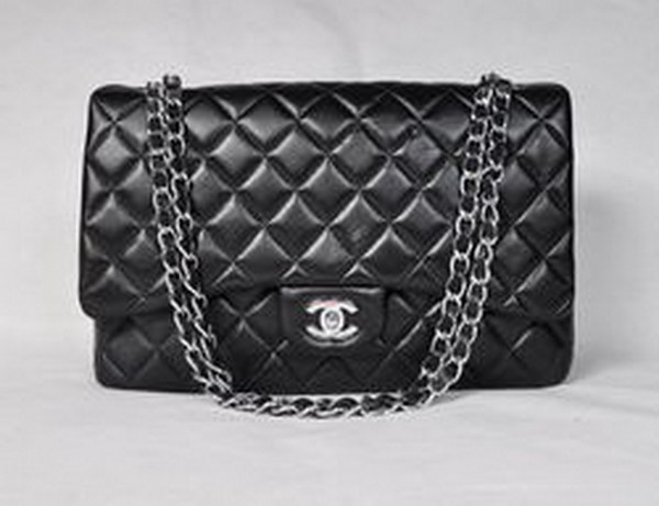 7A Replica Chanel Maxi Black Lambskin Leather with Silver Hardware Flap Bag